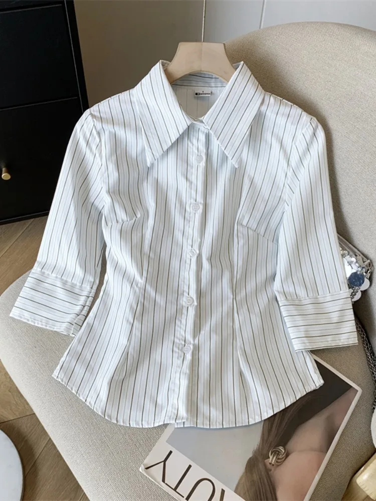 

Женская приталенная рубашка в полоску в корейском стиле с пуговицами, средним рукавом и зауженной талией, для офиса и повседневной носки, модная, весенняя