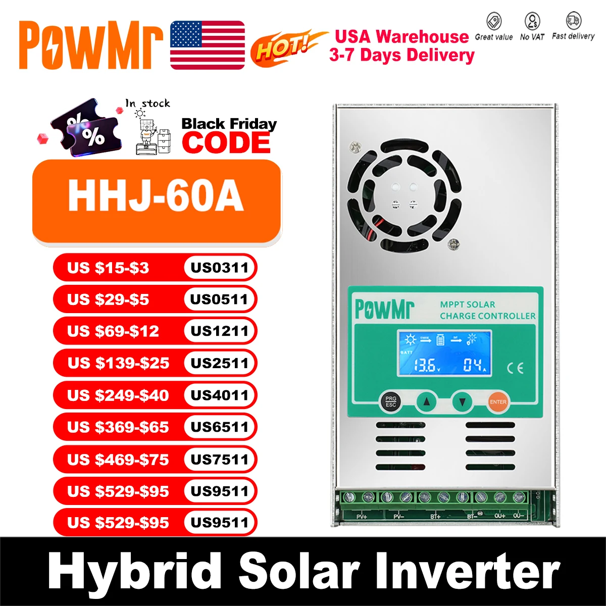 

PowMr MPPT 60A Solar Charge Controller Discharge Backlight 12V 24V 36V 48V Auto for Vented Sealed Gel Nicd Li Solar Cells Panel