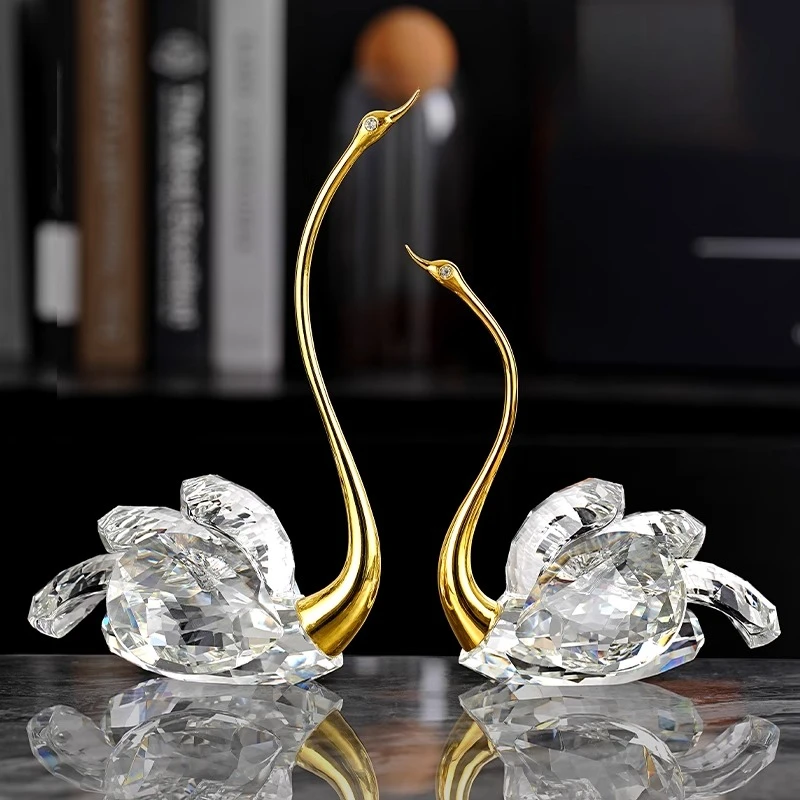 Glass Handicrafts Crystal Swan Simulated Bird Swan Couple Animal Sculpture Golden Metal Figurine Home Decoration Accessories