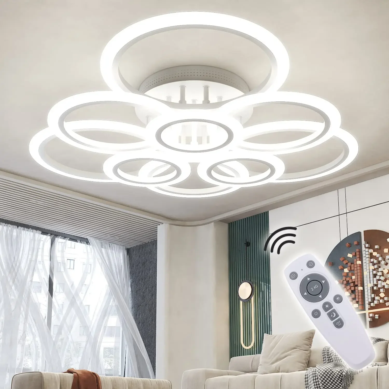 Lampu Langit-langit Modern 9 Cincin Led Chandelier Dimmable Remote Control untuk Ruang Tamu Ruang Makan Kamar Tidur Perlengkapan Dekorasi