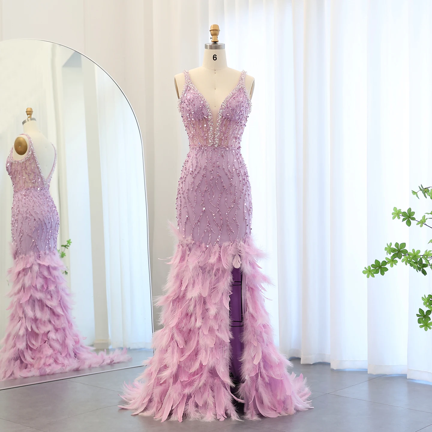 

Sharon Said Luxury Feather Pink Mermaid Evening Dress Women Wedding V-Neck Blue Side Slit Long Prom Party Dress SS184 Customized