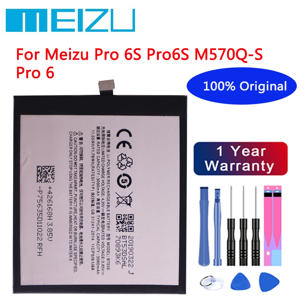 

High Quality Meizu 100% Original BT53S Battery For Meizu Pro 6S Pro6S M570Q-S Pro 6 3060mAh Mobile Phone Batteries + Tools