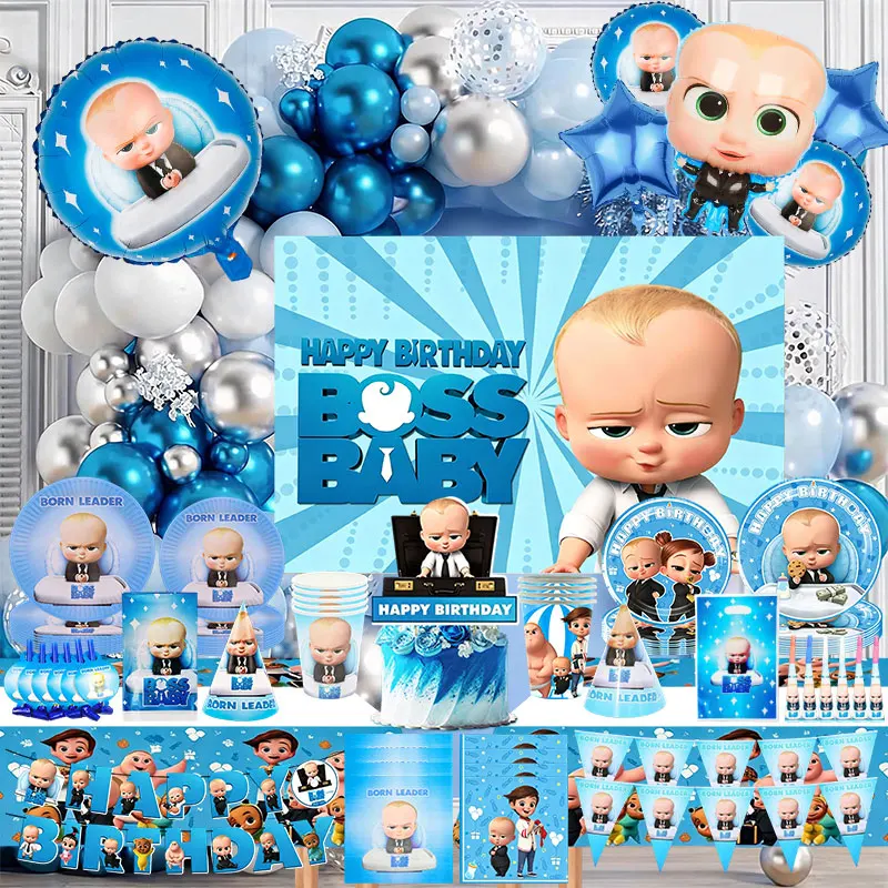 Blaues Little Executive Baby B-BOSSED Duschparty-Dekorationsset mit Einwegteller, Bechern, Servietten, Banner und Ballons für Geburtstagsfeiern – Detail 1