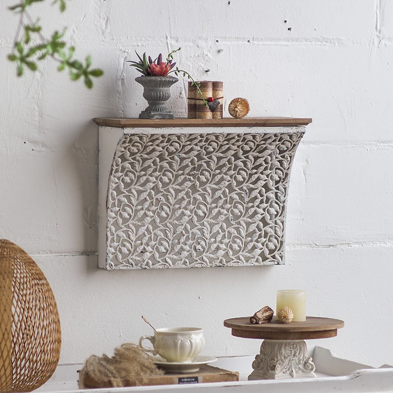 

Vintage Wall Shelf, Ornate Carved Wood and Iron, Decorative Storage Display for Home, Living Room, Entryway