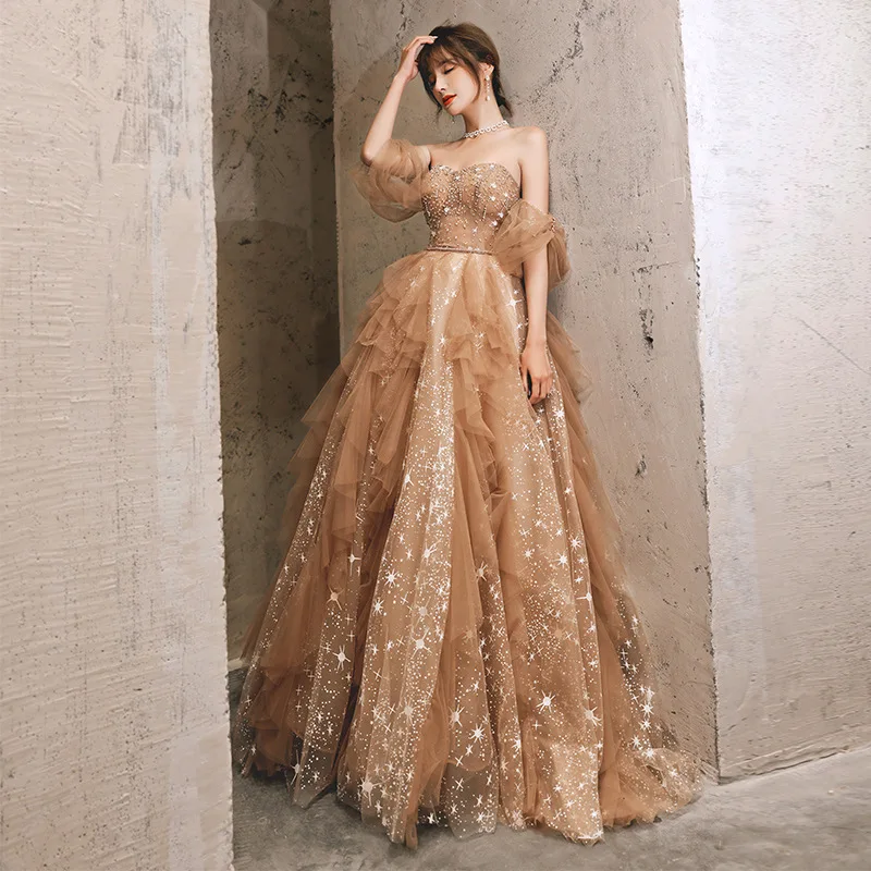 Champagne Long Evening Dress Large Hem Design Strapless Off Shoulder Ruffle Beading Sequins Tulle Wedding Formal Party Prom Gown