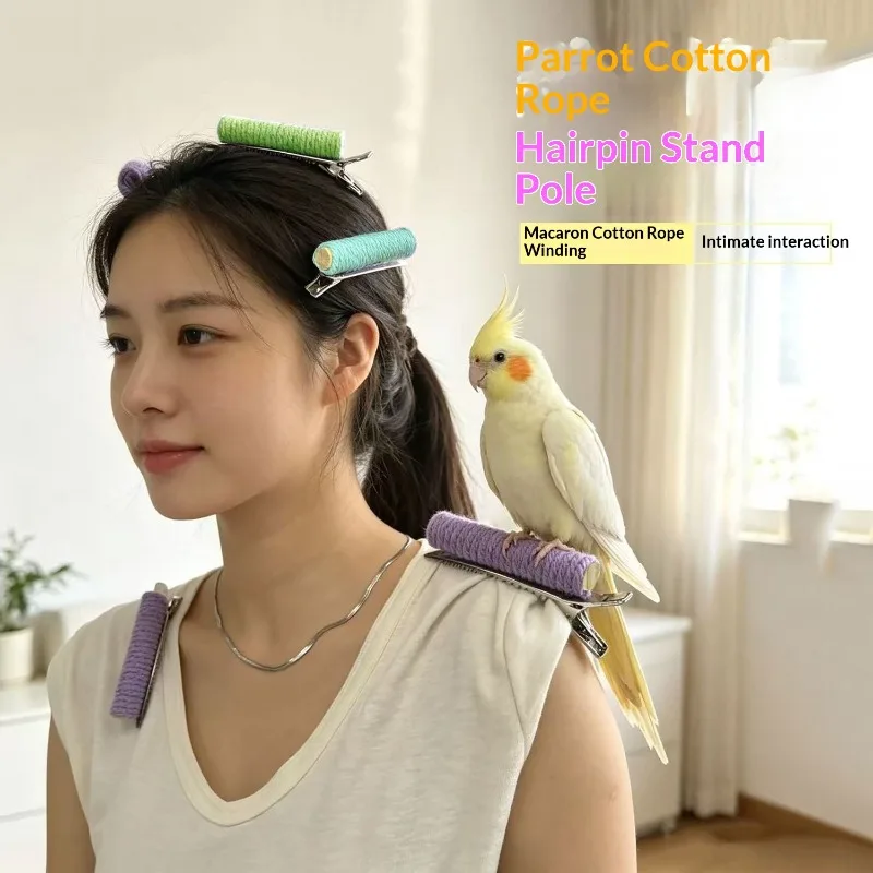 Portable Wooden Parrot Perch Clip Cotton Rope Chew Toy Anti Scratch Bird Stand for Interactive Training Outdoor Bird Supplies