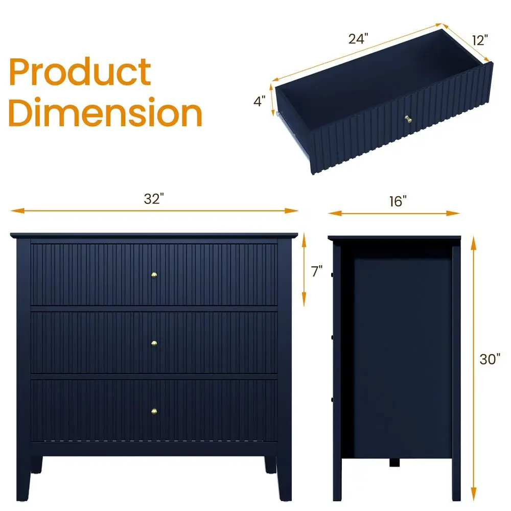 

Большая прикроватная тумба 32 дюйма, комод из рифленого окрашенного дерева с 3 просторными ящиками, синяя современная прикроватная тумба для спальни