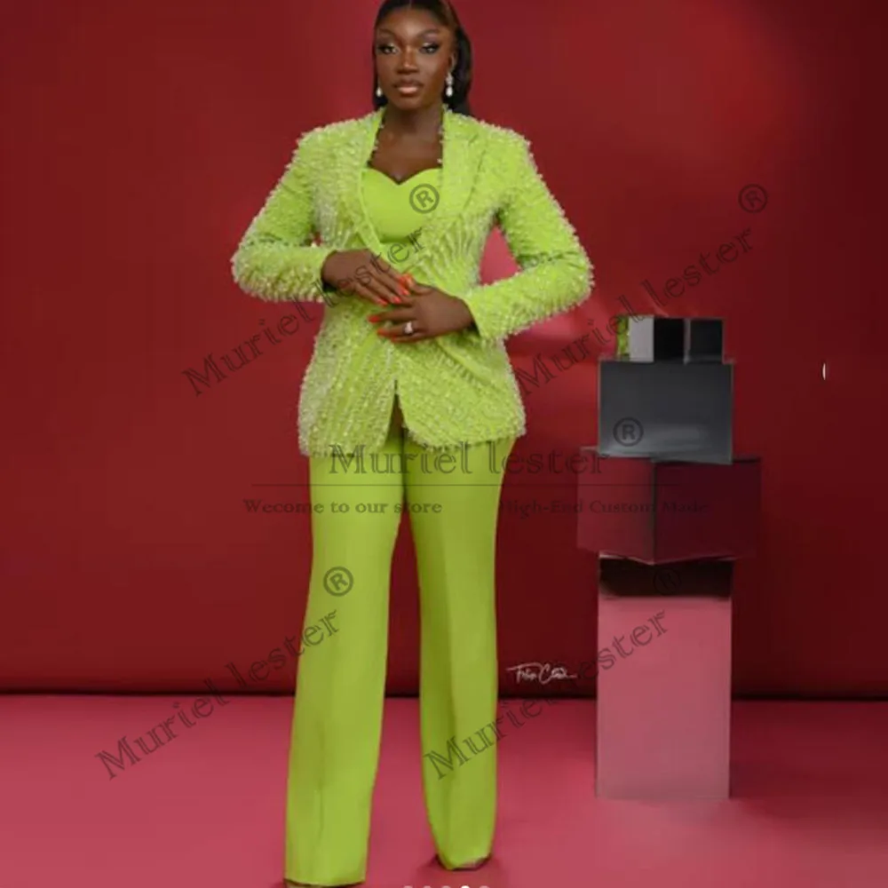 

Luxury Women Pants Suit 2 Piece Set Rhinestones Prom Blazers Customized Single Breasted Mother Of Bride Dresses Ladies Gowns