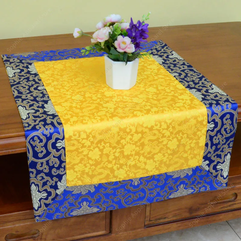 

Chinese Ethnic Auspicious Flower Brocade Table Runner Tibetan Style Jacquard Thin Table Mat for Home/Buddhist Altar Decoration