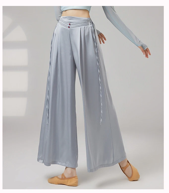 Klassische Tanzhose für Damen, weites Bein, lange Satinhose, Seitenbänder, modernes Tanz-Performance-Kostüm, Ballett-Trainingskleidung – Detail 8