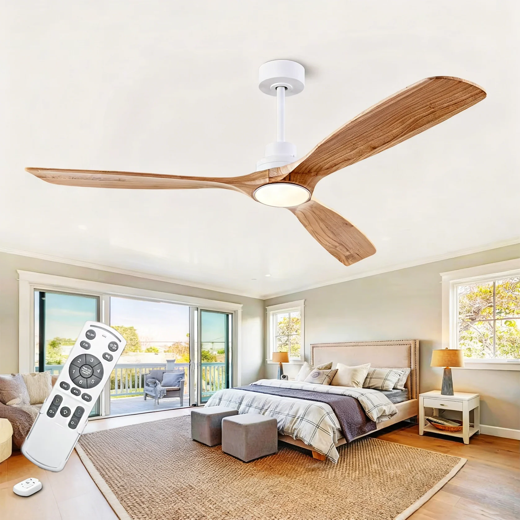 42/52/60 Inch Natural Wood Ceiling Fan with Light, Remote Control Quiet DC Motor Reversible Blades Living Room Bedroom 85-265V