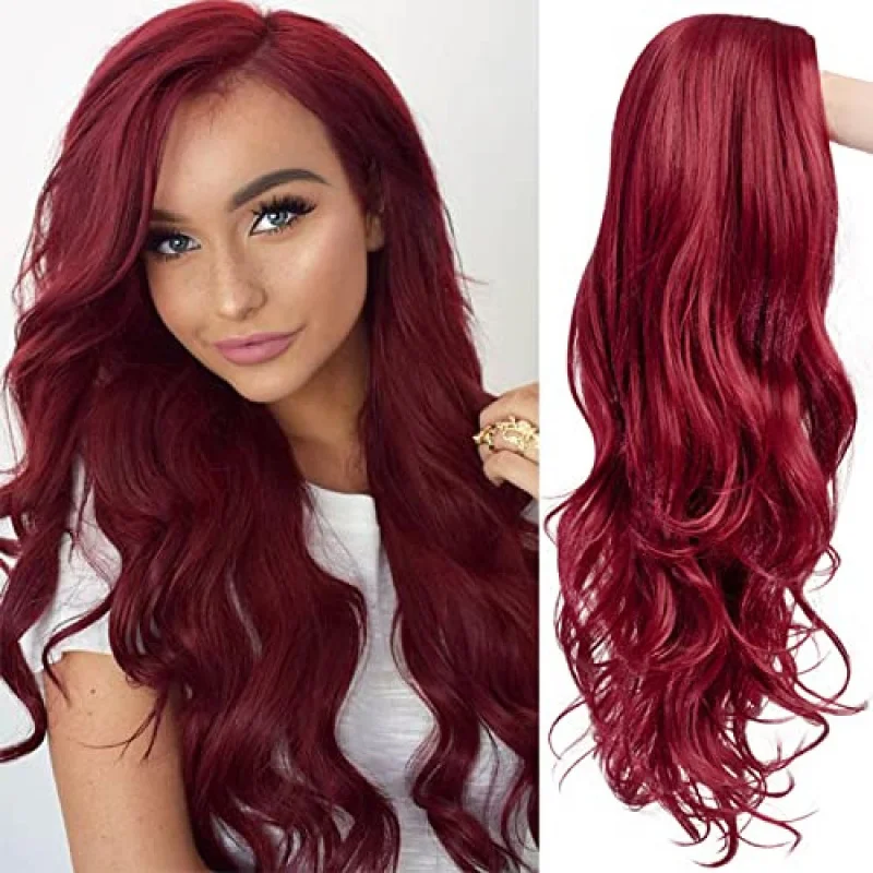 Women's long burgundy wig with side-parted bangs, red synthetic fiber large wavy hair