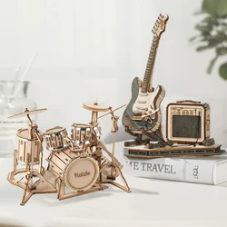 DIY 3D Musical Instrument Wooden Puzzle Drum Kit Electric Guitar Violin Creative Toys Building Block  Model Gift for Kids Adult