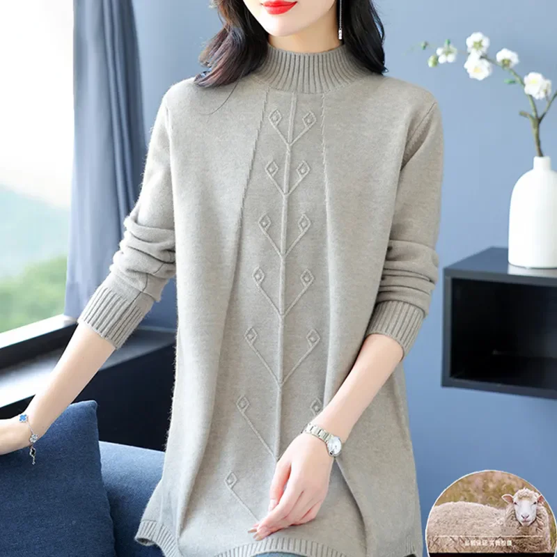 

2025 Autumn Winter New Chic Knitted Sweater Skirt Women's Outer Wear Korean Loose Mid-Length Semi-High Collar Base Shirt Dress
