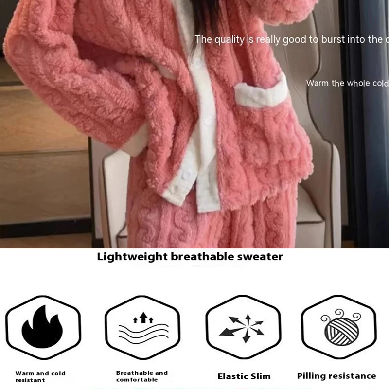 2pcs/Set Women\'s Winter Pajamas Padded Thickened Warm Pocket Models Plus Size Loose Korean Coral Fleece School pajamas Homewear