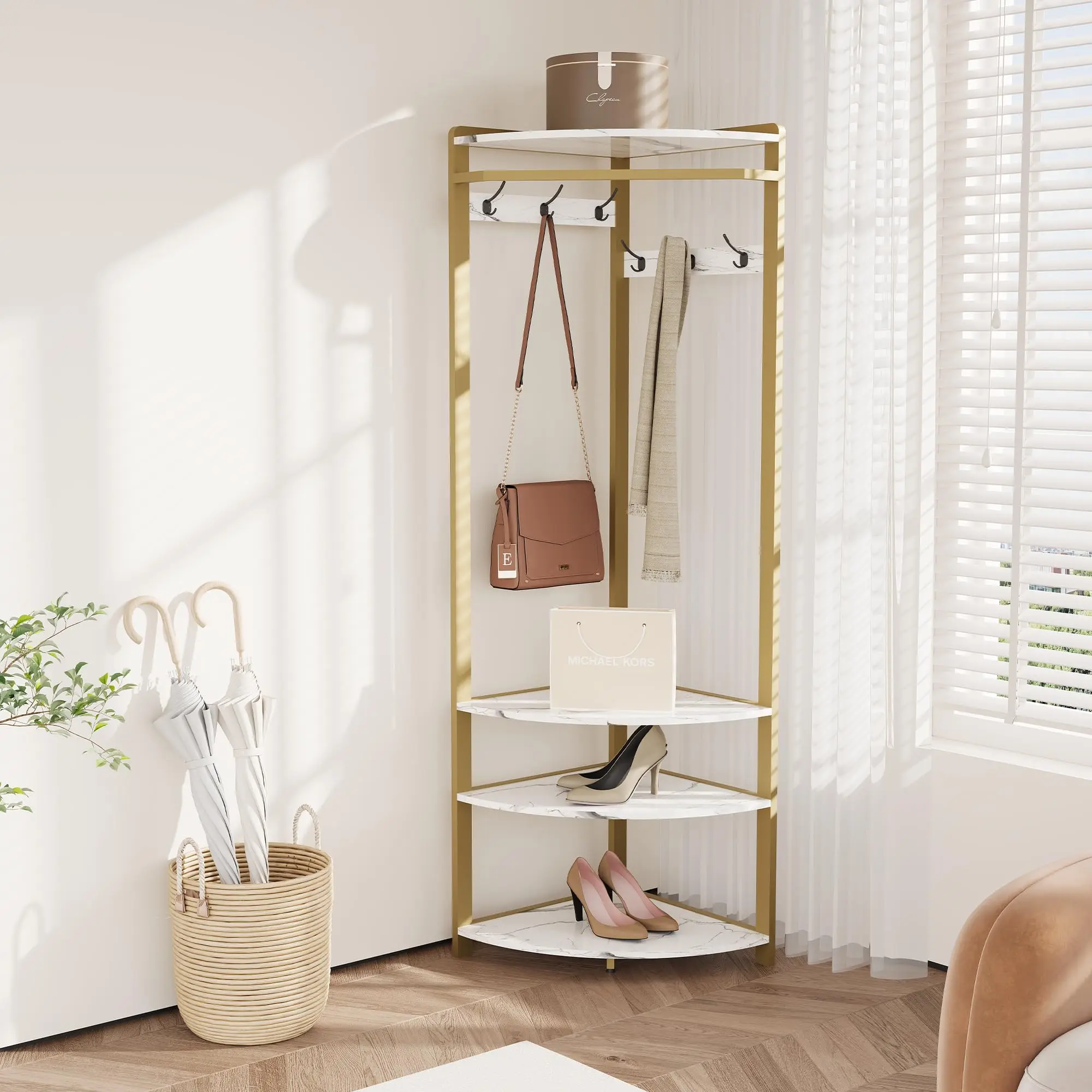 Armadio 3-in-1 con panca e scarpiera – Soluzione salvaspazio a forma di semicerchio per corridoio e ingresso – 6 ganci doppi, 4 ripiani e panca – Stabile fino a 15 kg – Oro + Bianco Marmo o Grigio