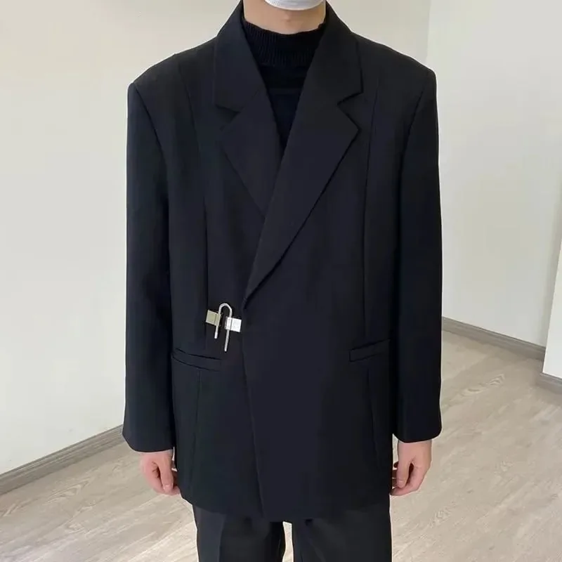 Men's Korean Style Spring Casual Suit Jacekt Metal Buckle Male Loose Male Solid Color Blazers Harajuku Long Sleeve Coats