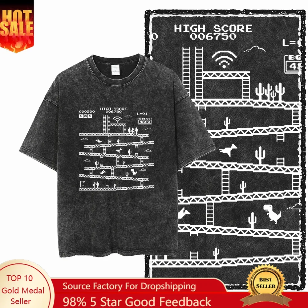

ZH DINO GAME THEME Printed Cotton Acid Washed Exclusive Graphic Unisex T Shirt Cool Streetwear Men Women Tshirts Big Size Tee fo