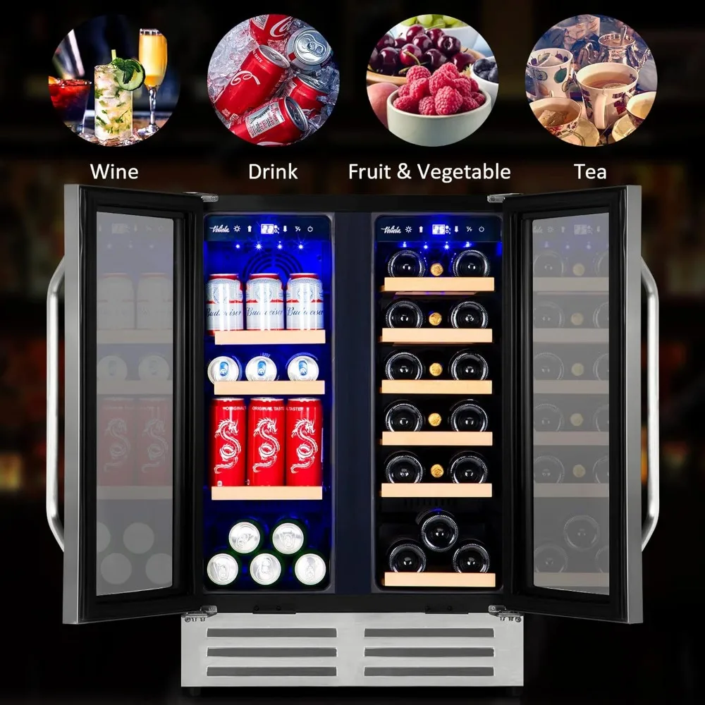 Wine Refrigerator, 24 Inch Dual Zone Fridge with Glass Door, Built-In Cooler with Powerful and Quite Cool System