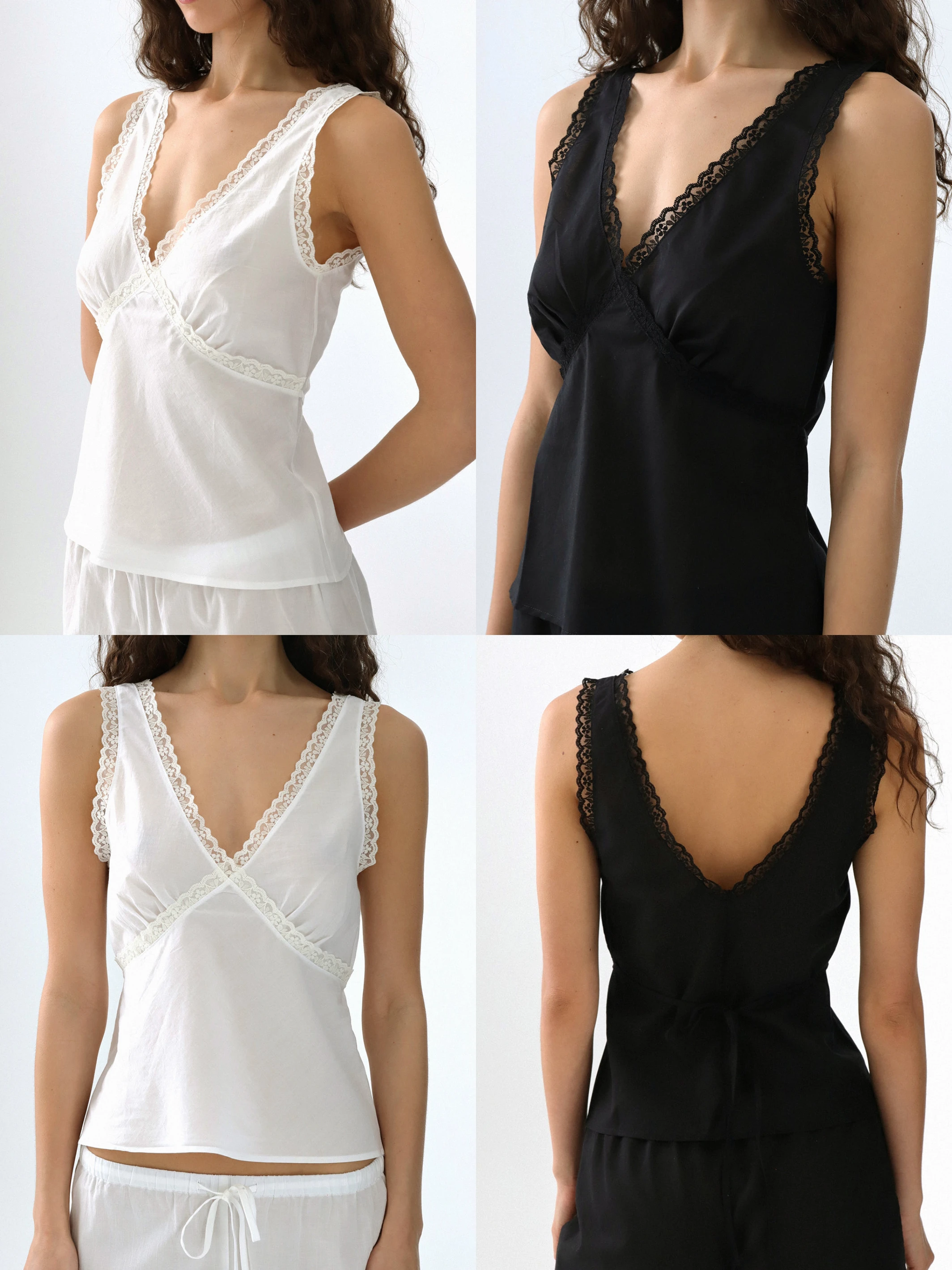 

Cou Black Sleeveless Wide-Strap Sexy Lace Camisole White Deep V-Neck Casual Top Comfortable Backless Camisole for Home and Outdoor Wear Adjustable Drawstring Design