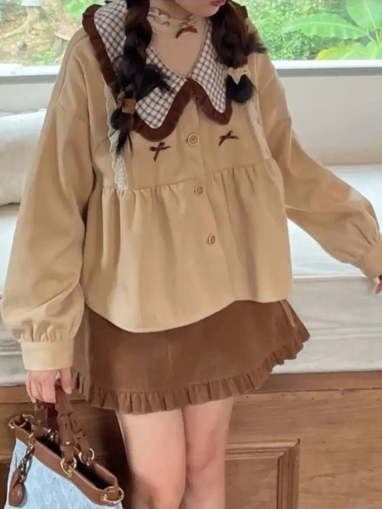 Japan Sweet Dress Sets Women Peter Pan Collar Lace Spliced Long Sleeved Shirts Basics Solid Skirt Two Piece Set Woman