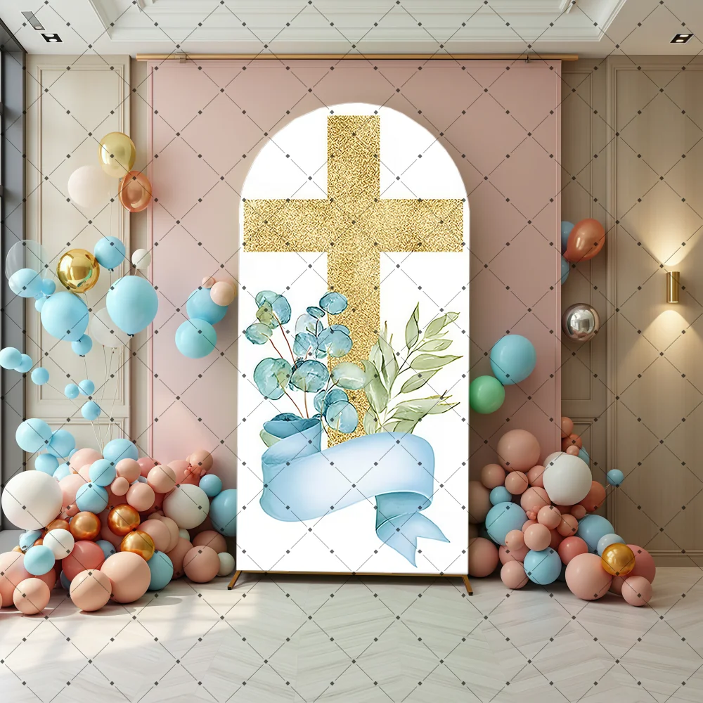 Custom 2-Side Gold Bless Childhood Baptism Arch Backdrop Covers Baby Shower First Communion Kids Baptism Decor Backdrop Photo