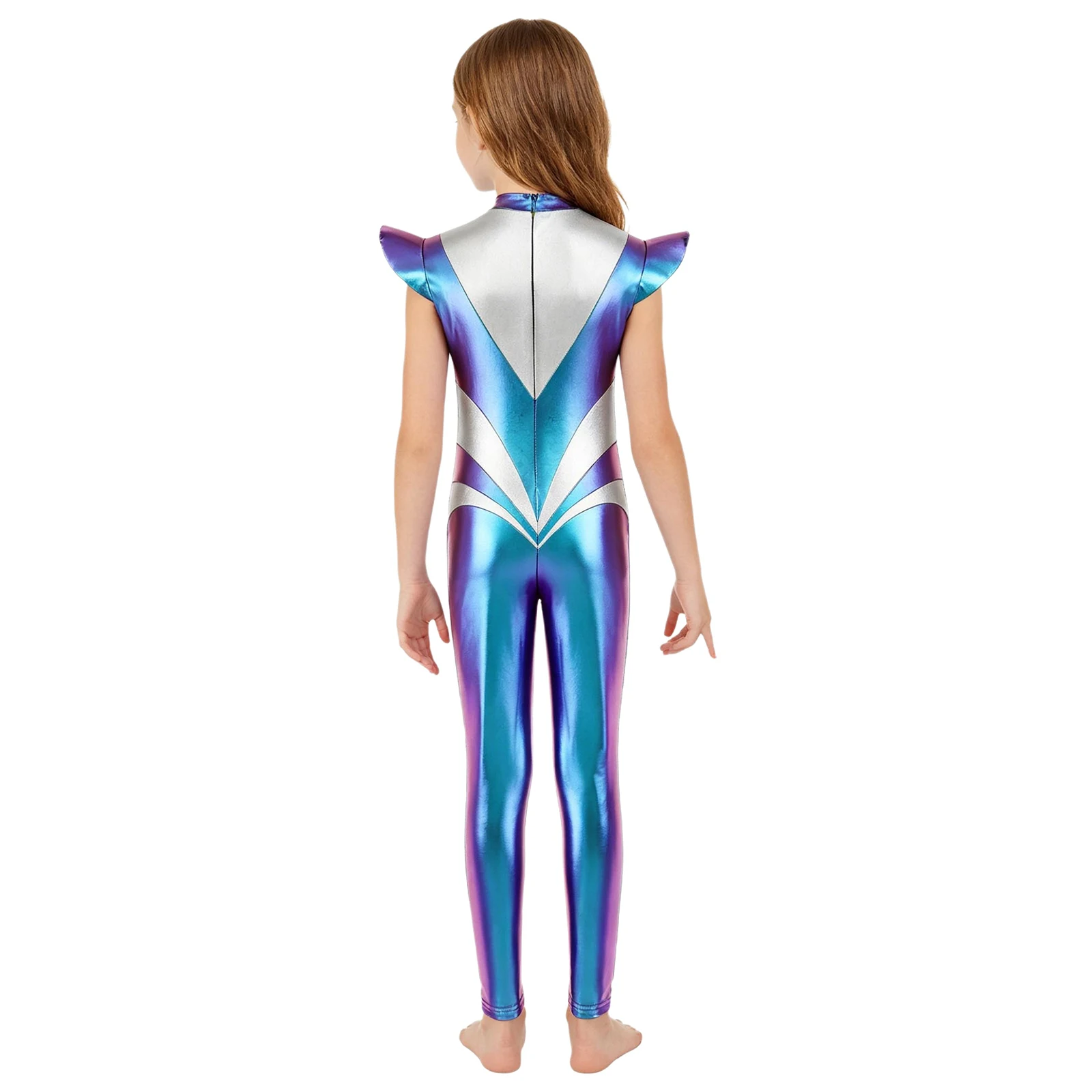 Children Metallic Shiny Alien Robot Cosplay Costume Halloween Outer Space Theme Party Dress Up Fly Sleeve Color Block Jumpsuit