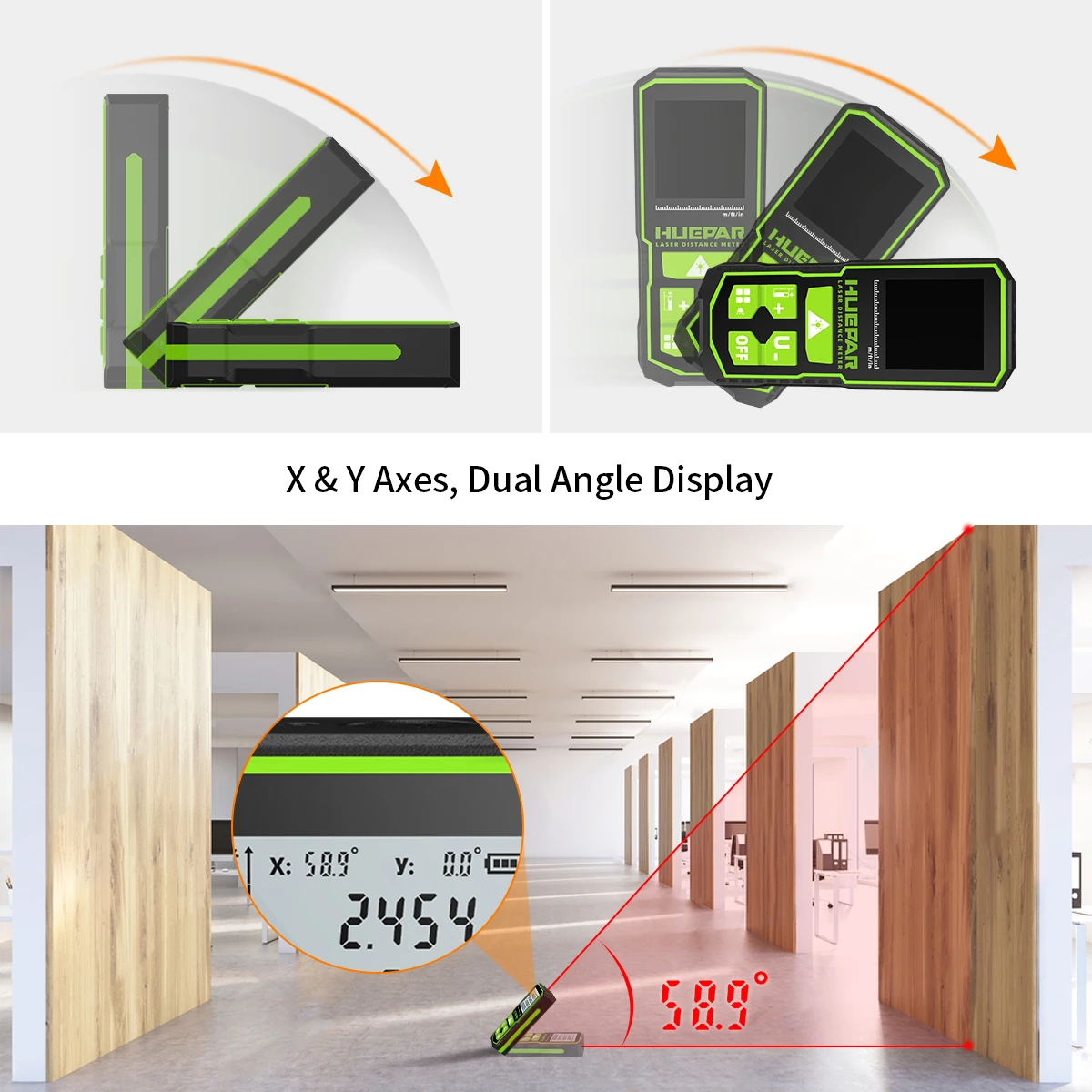 Huepar Misuratore di distanza laser 60M Roulette elettronica LCD Telemetro laser digitale Trena Metro Strumenti di test del righello del nastro di