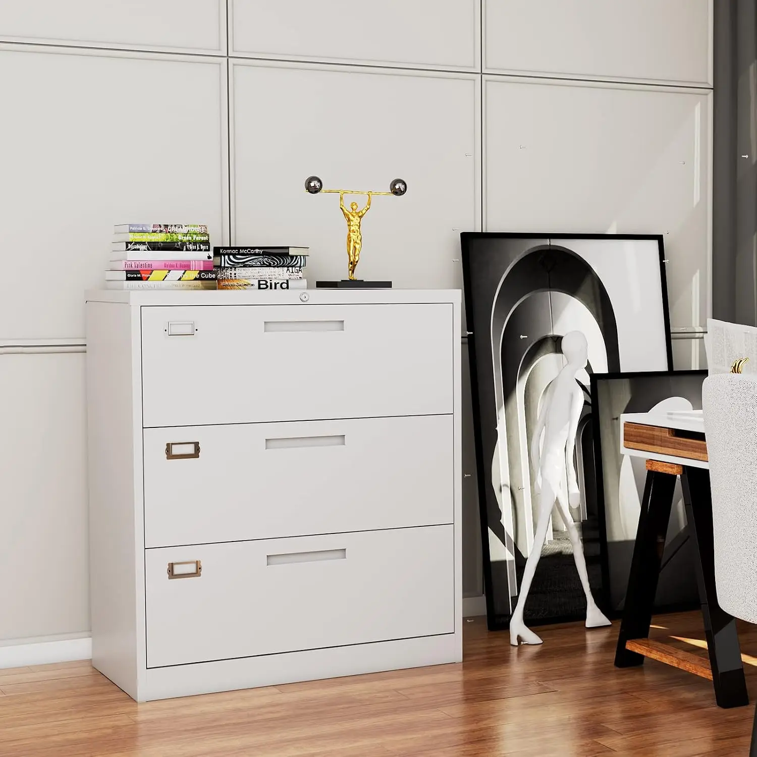 Lateral File Cabinet With Lock Office Storage Cabinet Organizer, Three Drawer Metal Filing Cabinet Document Holder, Home Study Room Workstation Furniture, Modern Industrial Style, Black, One Piece Set