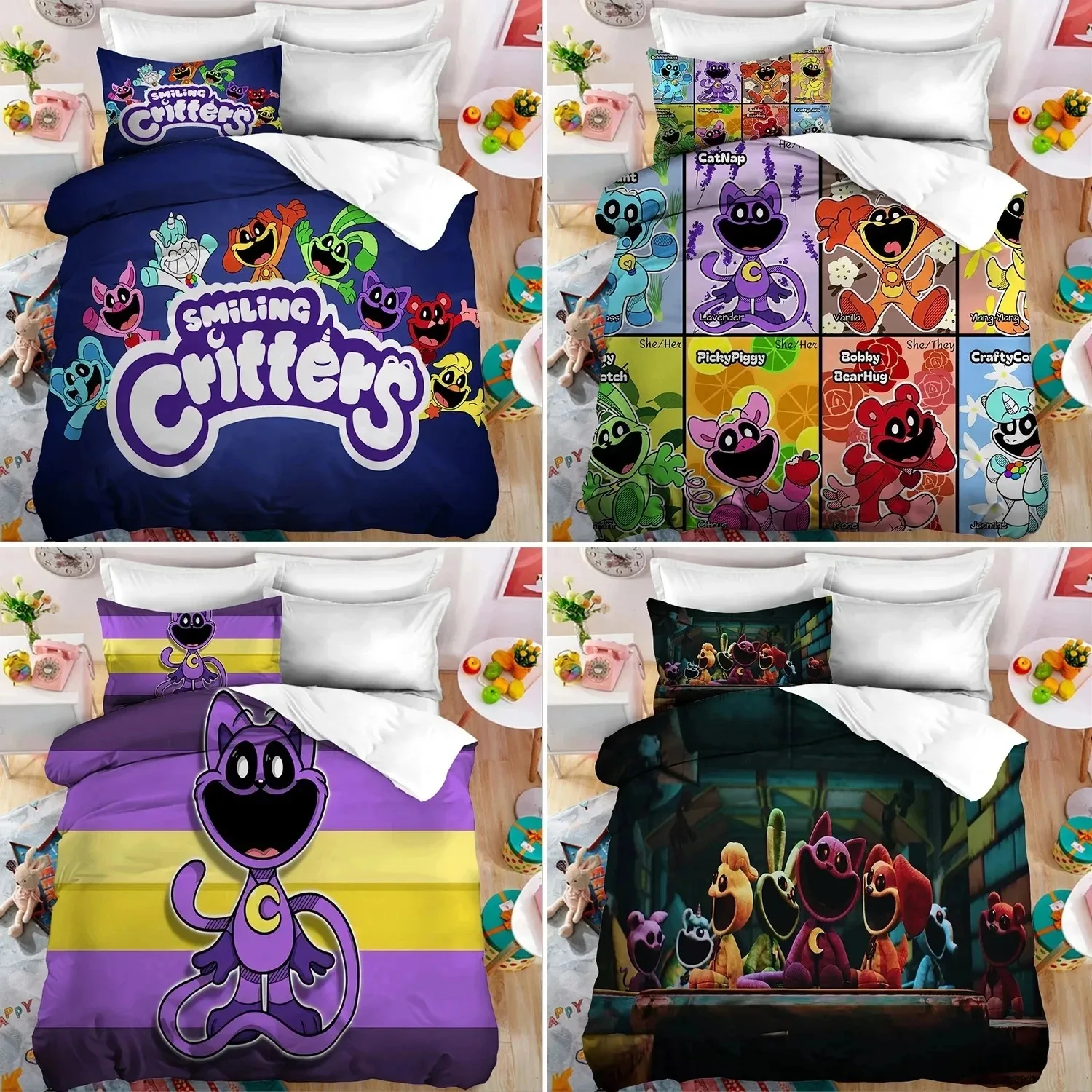 

3D Print Smilings Critters Cartoon Bedding Set Double Twin King Duvet Cover Comforter Pillowcase Boys Girls Adults Bedroom