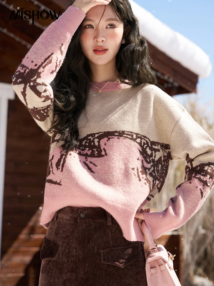 MISHOW Graphic Sweater Women Autumn Winter Korean Thick Loose Pullovers Knitwear Vintage Knitted Jumpers Female MXC56Z0272