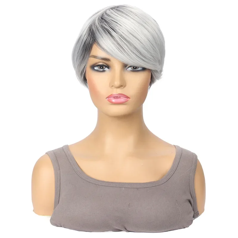 Synthetic Short Mixed Gray Wigs for Women Layered Pixie Cut Wigs with Bangs Wig for White Women Fake Hair