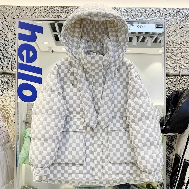 2023 Winter New Down Jacket - Fashion Hooded Chessboard Plaid Casual Stand Collar Loose White Duck Down Thick Warm Jacket