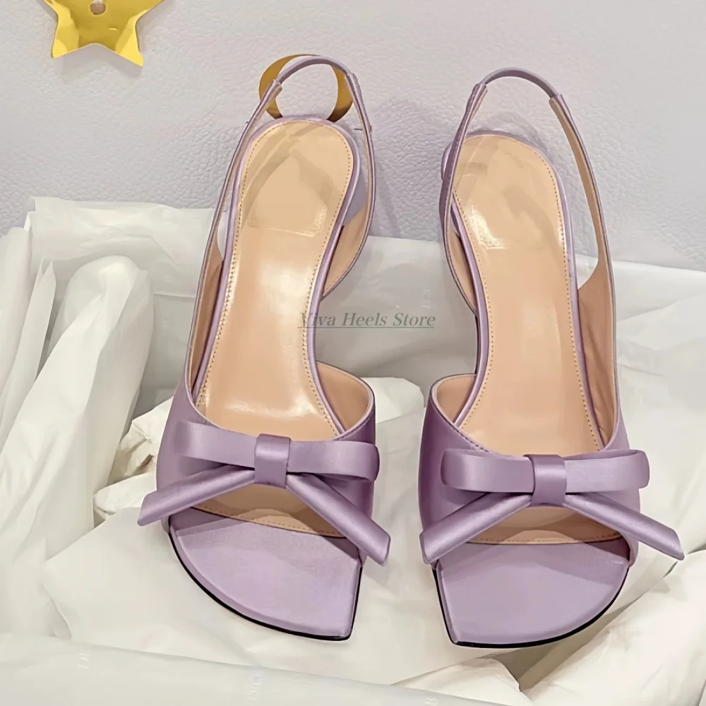 

Elegant bow satin low heels sandals women's 2026 summer new in blue/white/violet slingback leather heels luxury designer shoes