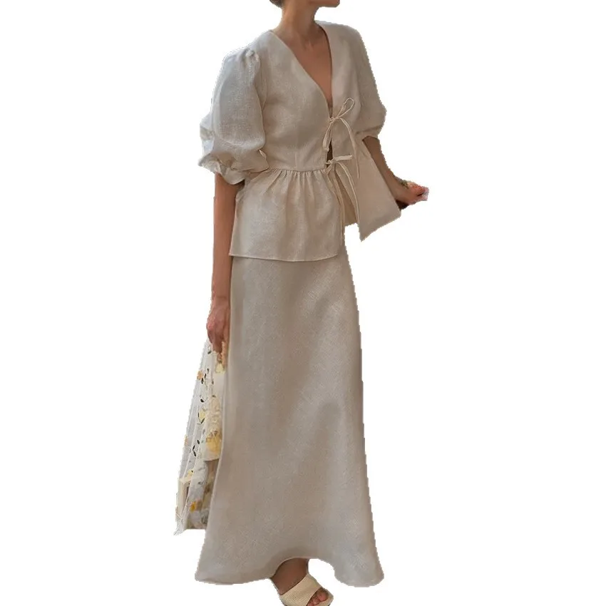 

2023 летняя новая рубашка на шнуровке, костюм с рукавами-пузырьками, женский дизайн, темперамент, мода 1152