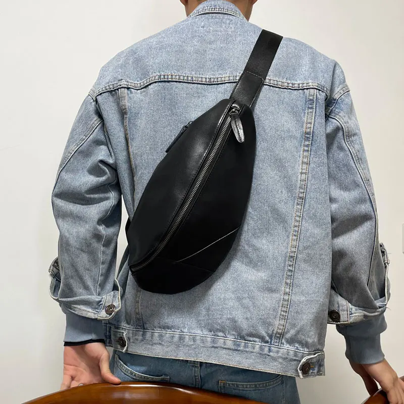 

casual organizers handmade genuine leather stitching men's black chest bag fashion designer cow leather sports crossbody bag