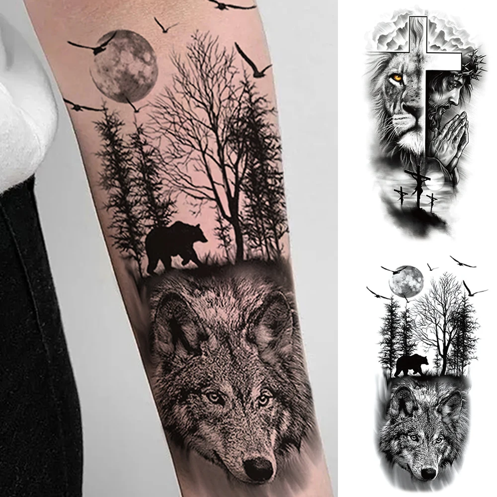 1pc Waterproof Temporary Tattoo Sticker Lion Wolf Bear Cross Forest Moon Body Art Arm Fake Tattoos Sleeve For Women Men Leg