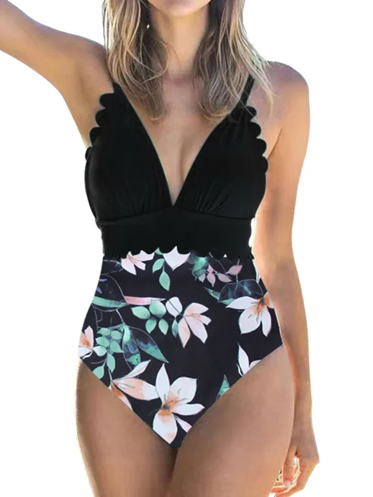 ชุดว่ายน้ําเอวสูงผู้หญิง One Piece ชุดว่ายน้ําเซ็กซี่ V คอ Push Up Halter Scallop Trim ชุดว่ายน้ํา Beachwear บราซิล Monokini