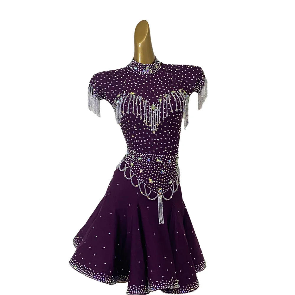 Sukienka do tańca latynoamerykańskiego AB Stone, damska, dla dorosłych i dzieci, ekskluzywna, szyta na miarę, z kryształami, frędzlami, kwiatami, czarna, na występy samba, do tańca basenowego.