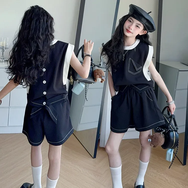 

4-14 teen Girl summer shorts set 025 Color blocked rear breasted vest+workwear shorts 2pcs junior kid suit child clothes outfits