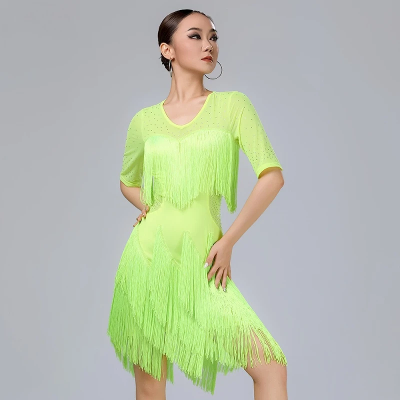 Trajes de baile latino de rendimiento, vestido Sexy de gama alta con borlas, traje de práctica profesional de Tango Samba Chacha para mujer adulta