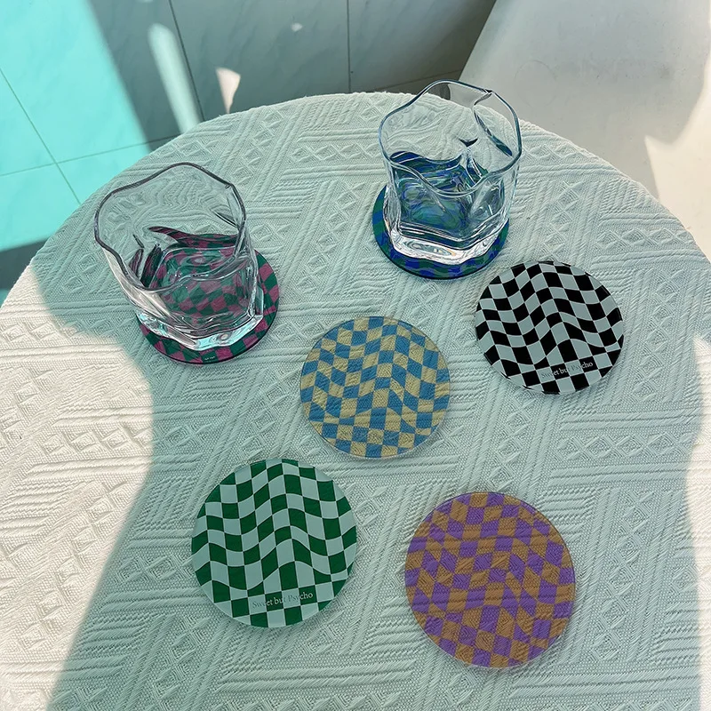 Retro Checkered Pattern Coaster ,round Acrylic Anti-slip Cup Pad Dining Table Placemat Cafe Decor ,Coffee Mug Cup Coasters Pad