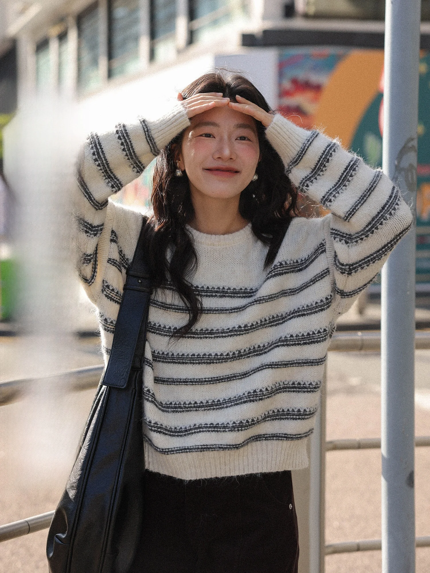 

Утепленный круглый вязаный свитер в полоску для женщин, зимний модный повседневный теплый топ с длинными рукавами для молодых девушек