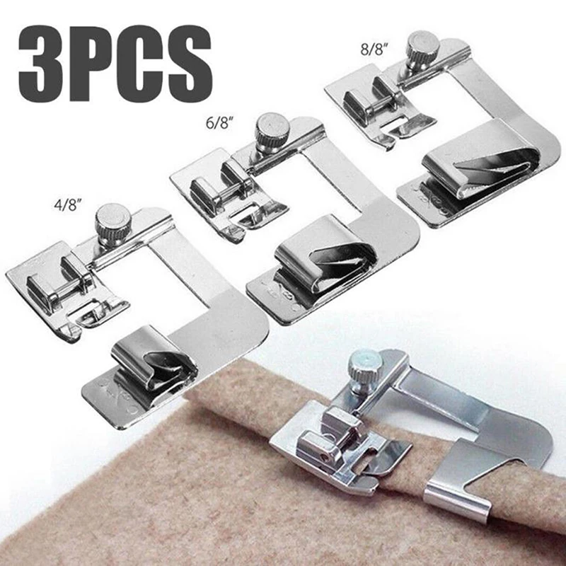 3Pcs 4/8 6/8 8/8 Metal Domestic Sewing Machine Foot Presser Rolled Hem Feet Set Sewing Machine Accessories