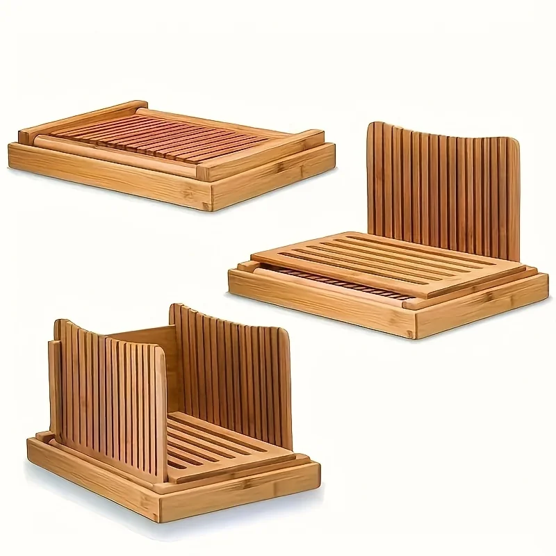 GloBamboo Bamboo Bread Slicer with Cutting Board For Homemade Bread, Adjustable, Compact, Foldable and Customizable Loaf/Cakes/Bagel Slicer, 3 Slice Sizes with Serving and Crumb Catcher Tray