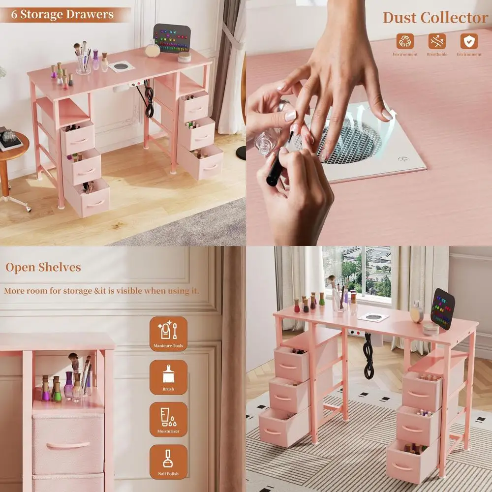 

Портативная рабочая станция для маникюра с пылесборником, выдвижными ящиками и полками - розовая, для домашнего или салонного использования