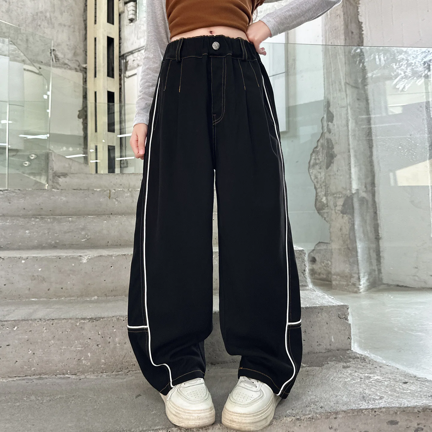 

Children Girls Harem Pant Autumn Junior Girls Striped Full Length Pant Teenager Girls Button Elastic Waist Versatile Trousers