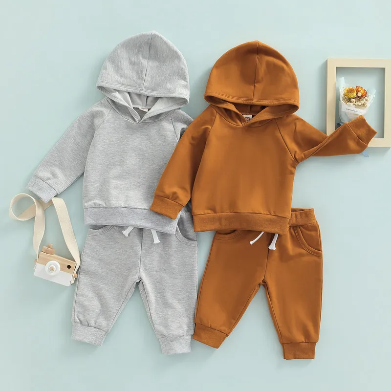 

3 Months to 3 Years Baby Girls Boys Sportswear Pant Sets Spring Autumn Clothes Solid Color Hoodies and Drawstring Pants