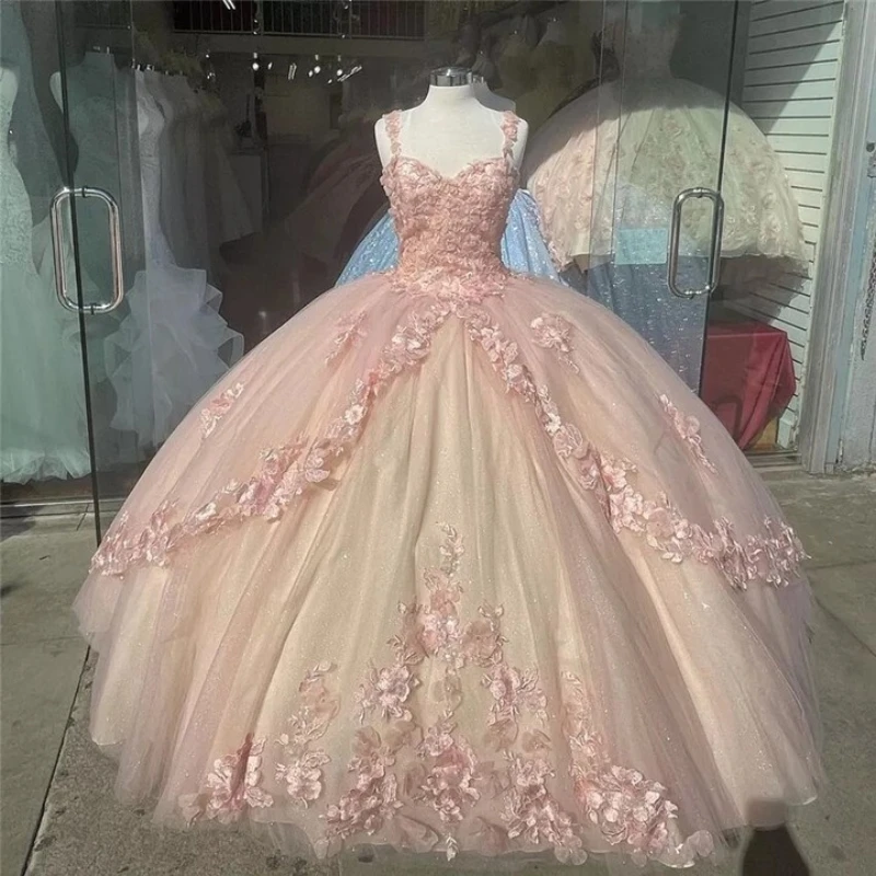 

Pink Quinceanera Dresses Ball Gown Lace Applique Flower Tull Corset Party Birthday Sweet 16 Vestidos De 15 Anos