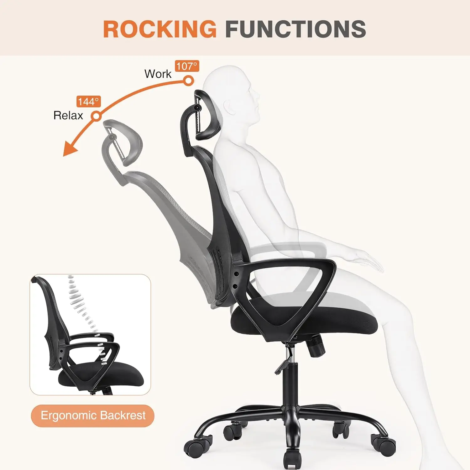 Silla ergonómica de escritorio para ordenador de oficina, asiento de trabajo rodante de malla de espalda alta con ruedas y reposacabezas ajustables, color negro